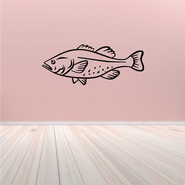 Trout wall decal with simple line-art fish in black on light pink background