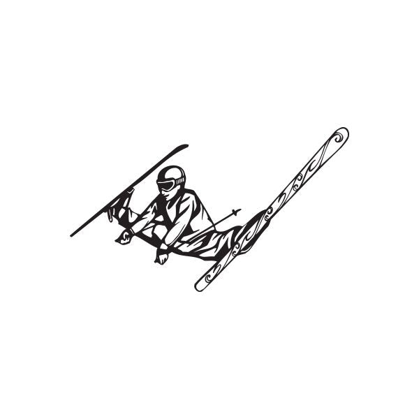 Skiing trick decal with cartoon truck driver in helmet and long skis, black and white
