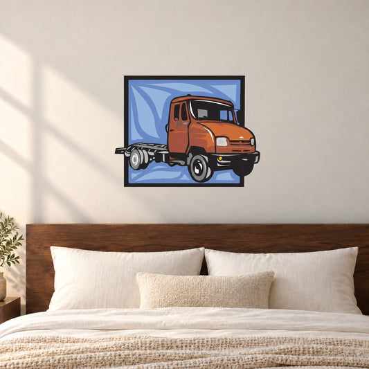Orange semi truck vinyl wall decal sticker, die-cut illustration in a dark frame