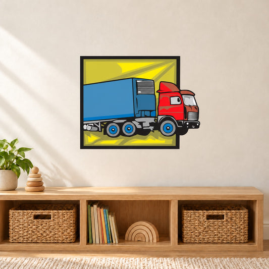 Truck wall decal vinyl sticker: red cab truck with blue bed, framed on yellow background