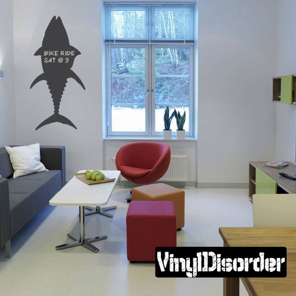 Black tuna chalkboard wall decal with bold fish silhouette and small text near top