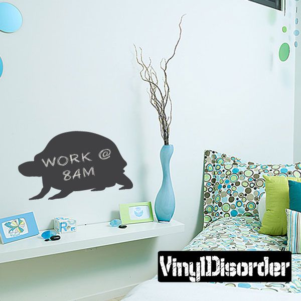 Turtle chalkboard wall decal with “WORK @ 8AM” text