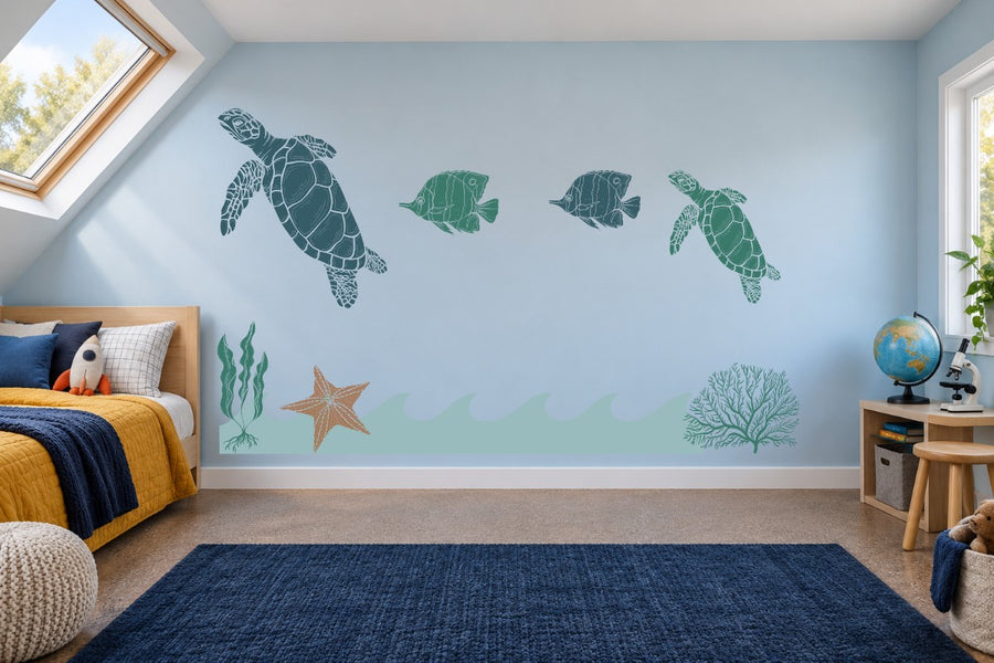 Teal sea turtle wall decals with starfish, shells, and seaweed scattered on wall