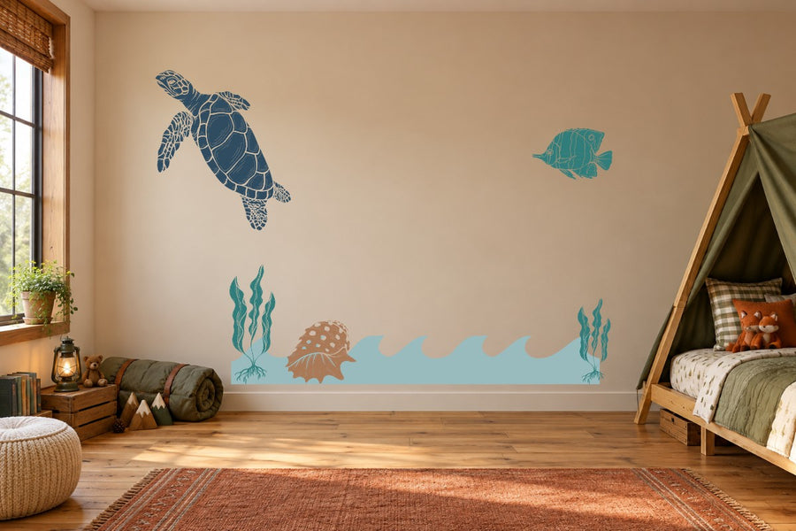 Sea-themed wall decal kit with turtle, fish, shells, and seaweed stickers