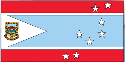 Tuvalu flag sticker, rectangular red border with blue field, shield emblem and stars