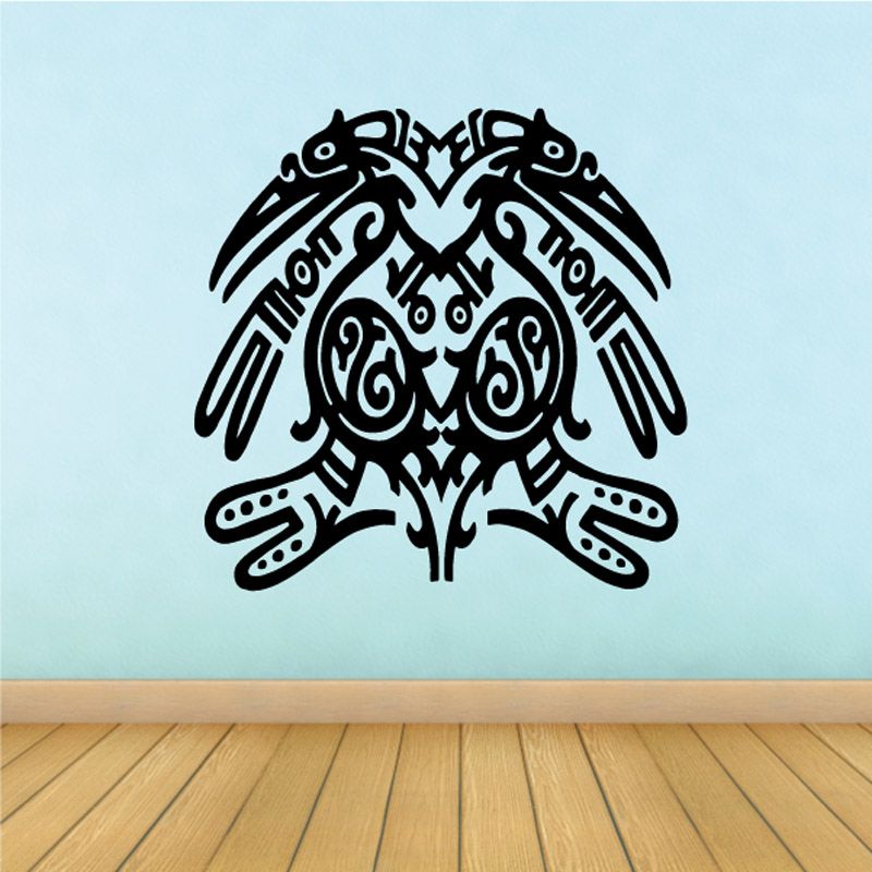Tribal twin-headed bird decal, black ink style with ornate swirls and wings.