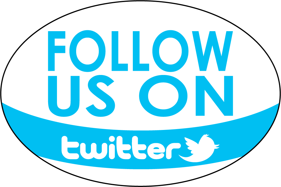 Blue curved sticker with "FOLLOW US ON" text and Twitter bird logo