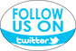 Blue curved sticker with "FOLLOW US ON" text and Twitter bird logo