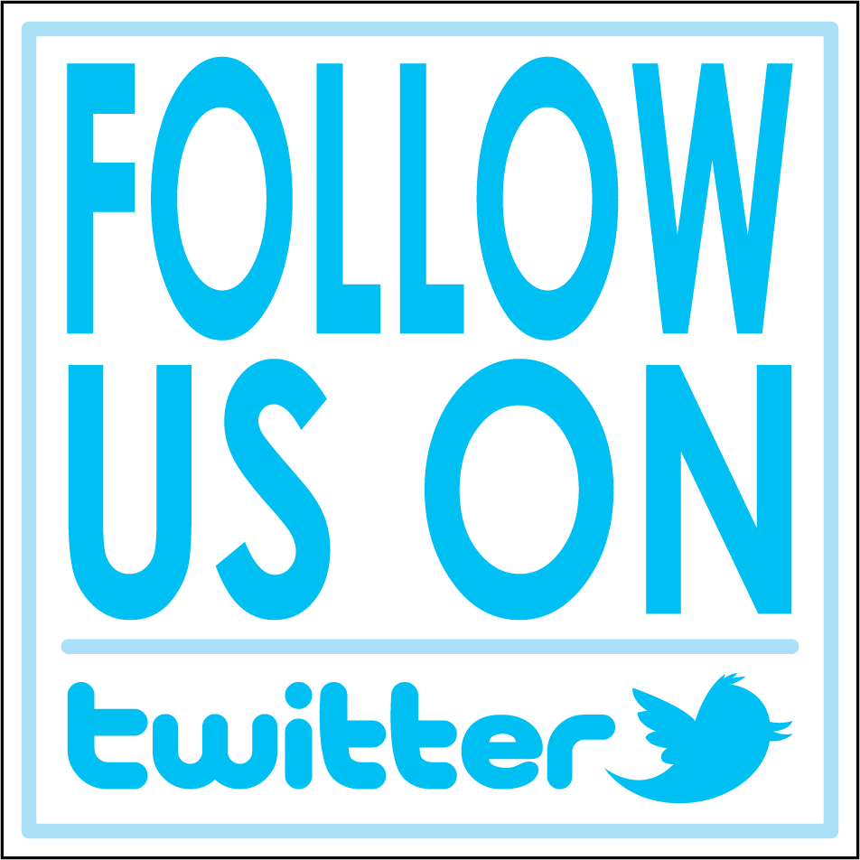 Square sticker with blue 'Follow Us on' text and Twitter bird