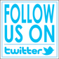 Square sticker with blue 'Follow Us on' text and Twitter bird