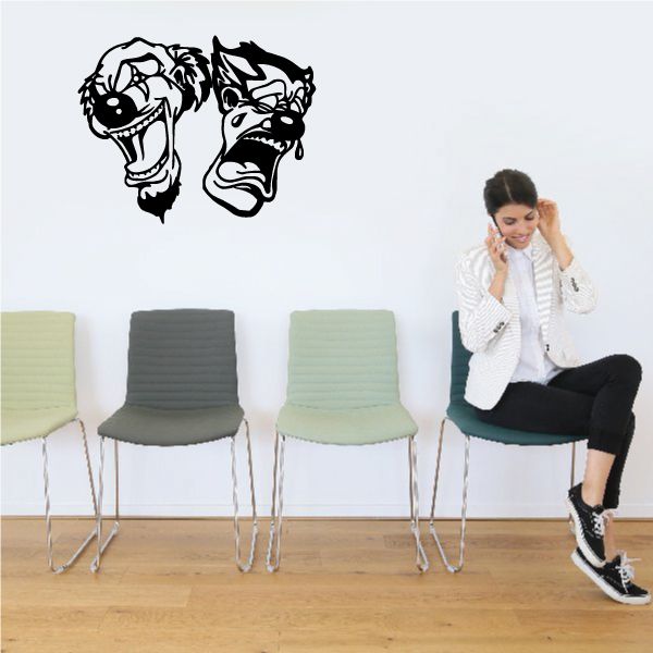 Two clown skull wall decal, black vinyl faces with open mouths