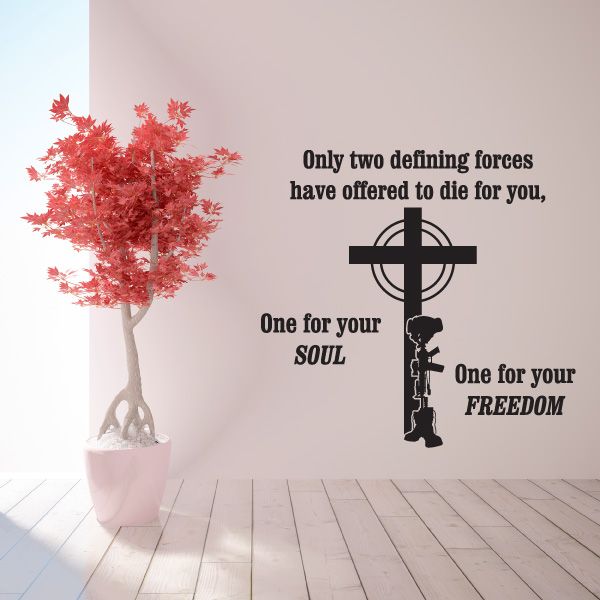 Wall decal with quote text, black cross, soldier silhouette, and red tree graphic