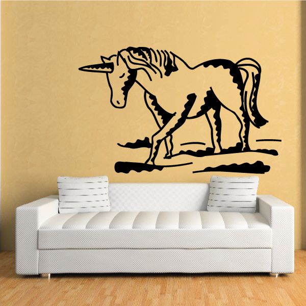 Unicorn pegasus wall decal, black line-art horse with wings and horn