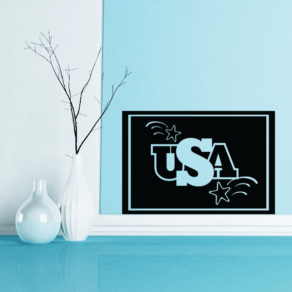 USA stars sign decal in black with light blue USA lettering and stars