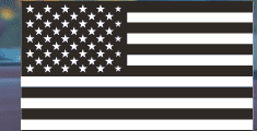Black-and-white vinyl sticker of the USA flag with white stars and striped bands