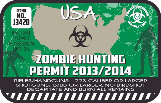 Zombie hunting permit sticker with USA text, permit number, biohazard icon, and rules