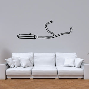Motorcycle exhaust decal, black line-art muffler and pipes design