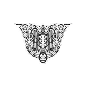 Flame engine emblem decal, black and white with circular center and spoked details