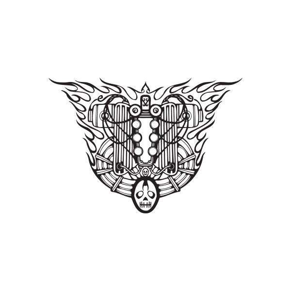 Flame engine emblem decal, black and white with circular center and spoked details