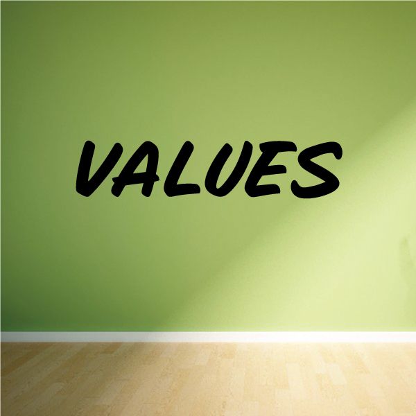 Values wall decal with bold black "VALUES" lettering