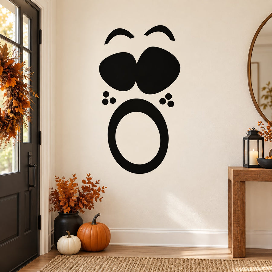 Surprised face decal with black doodle eyebrows, big eyes, and open mouth