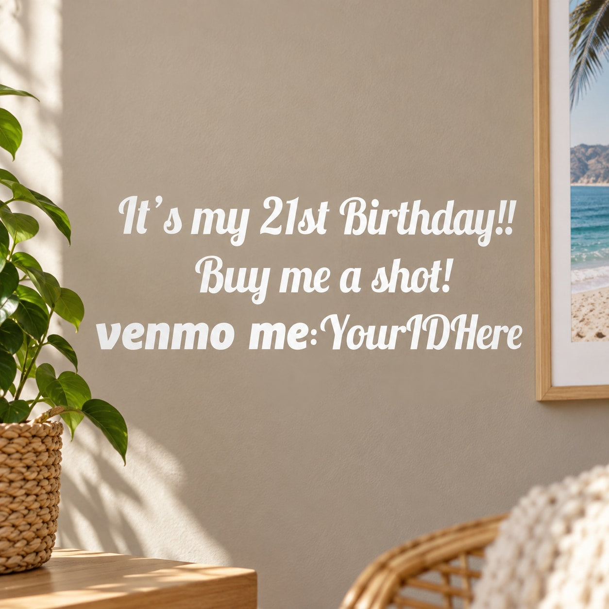 Custom Venmo Me decal with 'Buy me a shot!' and 'venmo me: YourIDHere' text