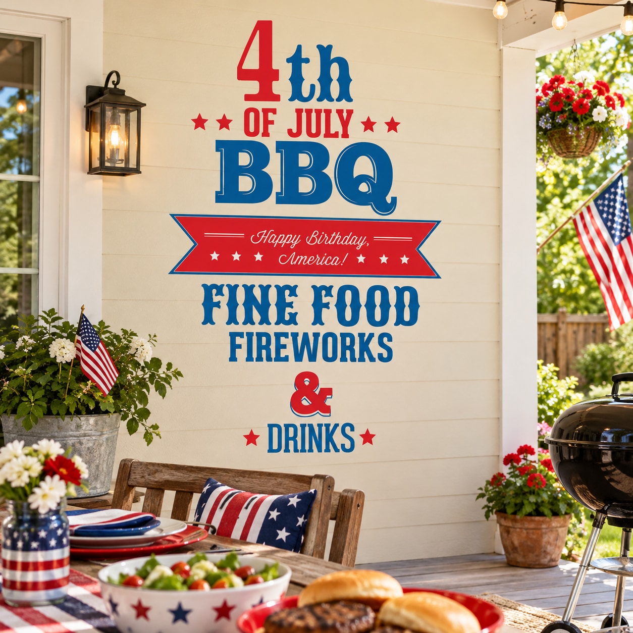 Red and blue 4th of July flag decal with BBQ, fireworks, drinks and stars text