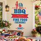 Red and blue 4th of July flag decal with BBQ, fireworks, drinks and stars text