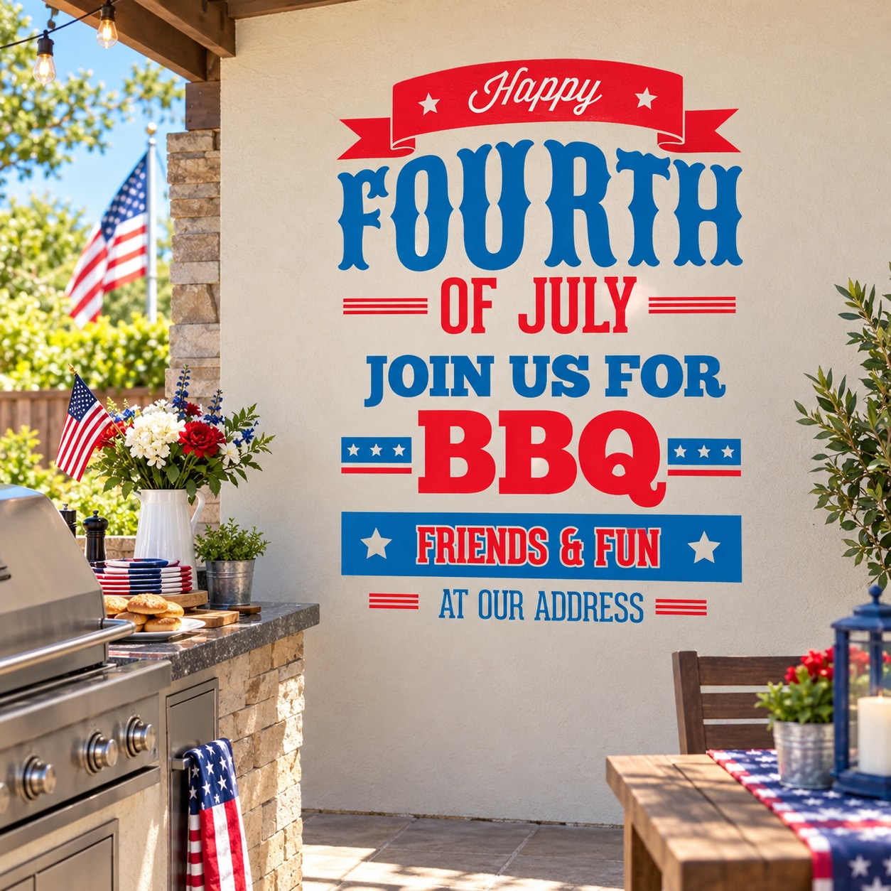 Fourth of July BBQ join-us decal with red, white, blue stars and striped text
