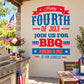Fourth of July BBQ join-us decal with red, white, blue stars and striped text