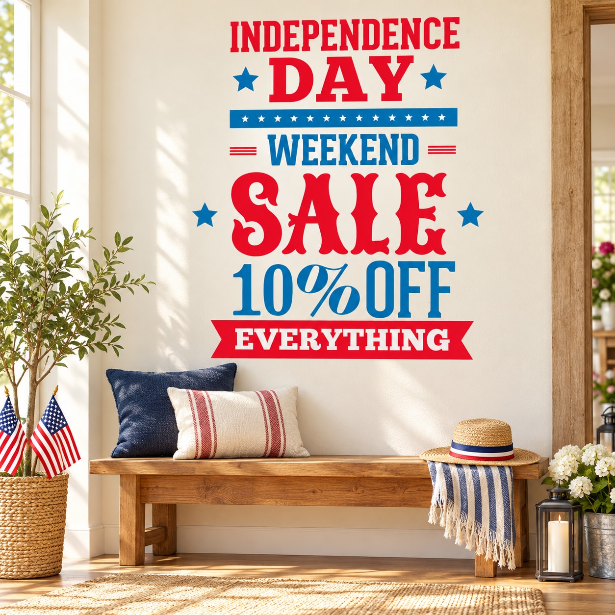 Independence Day weekend sale wall decal: INDEPENDENCE DAY, WEEKEND SALE, 10% OFF, stars