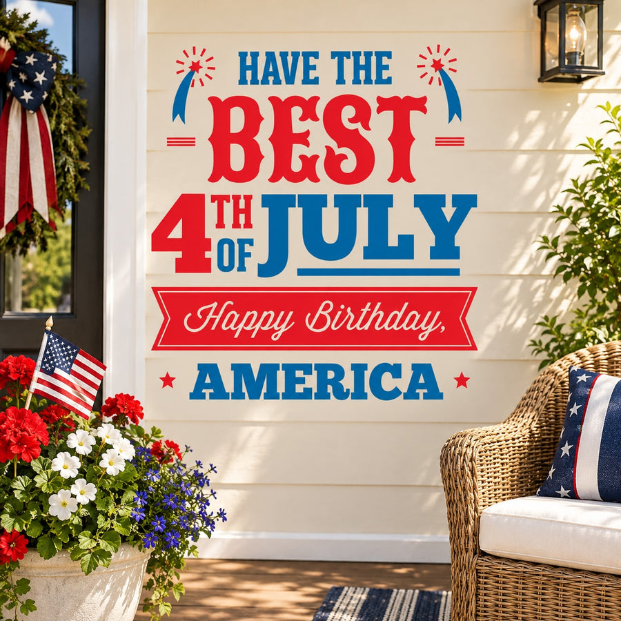 Fourth of July Happy Birthday America wall decal with red, blue, and star text
