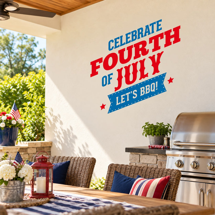 Fourth of July BBQ decal with text 'CELEBRATE FOURTH OF JULY, LET'S BBQ!'