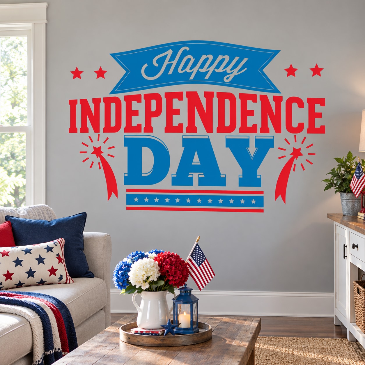 Independence Day wall decal with red, white, and blue “Happy Independence Day” design