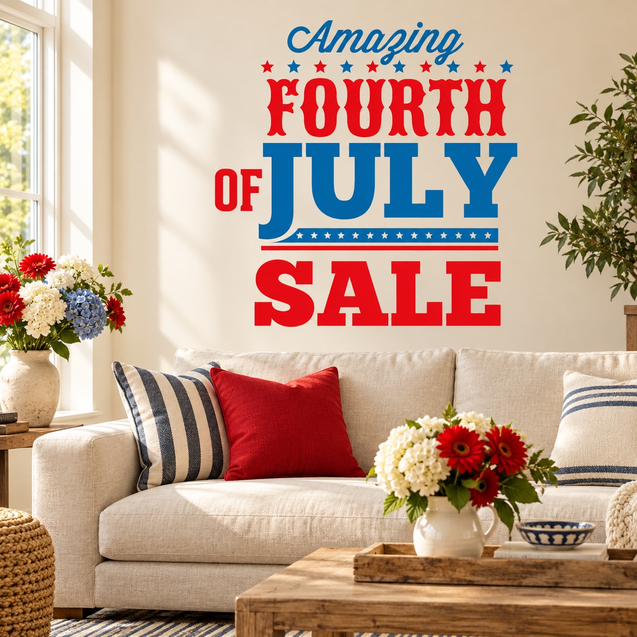 Fourth of July sale wall decal with 'Amazing' red, white, and blue text with stars