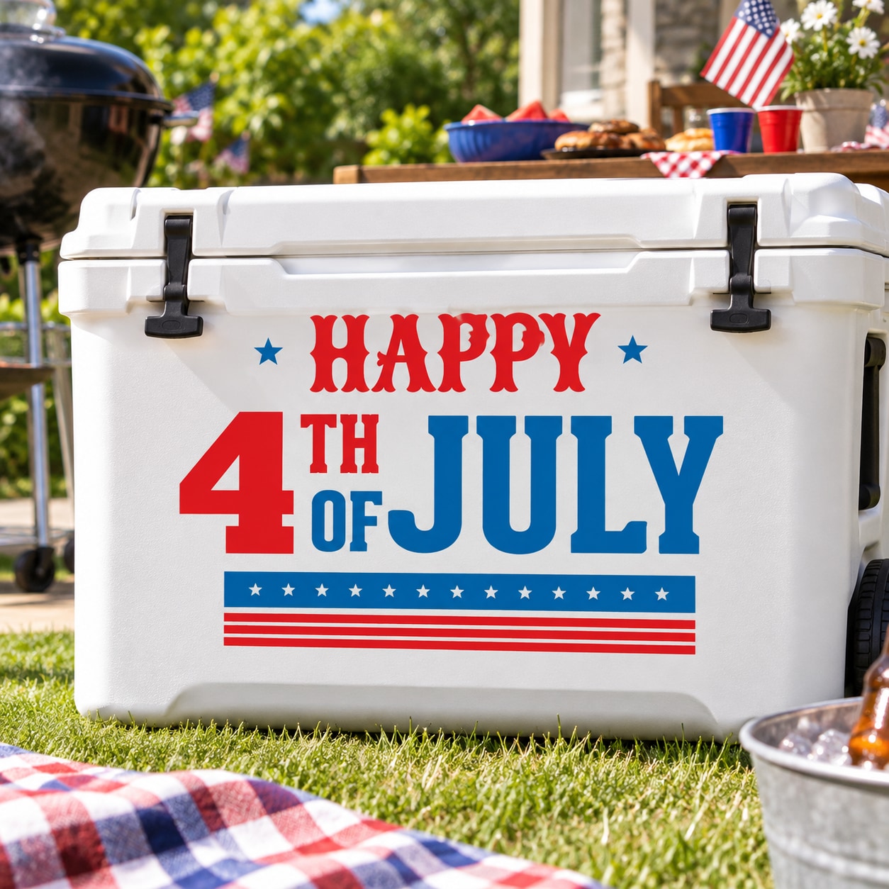 Happy 4th of July decal with red white blue text, stars, and striped design