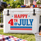 Happy 4th of July decal with red white blue text, stars, and striped design