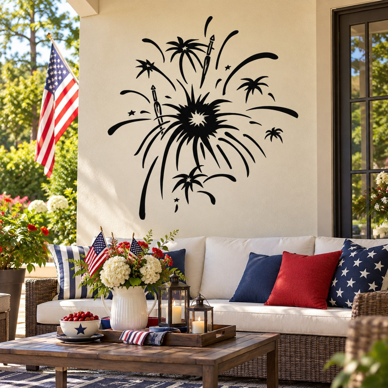 Black firework burst wall decal with palm trees and spark lines for celebrations