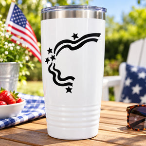 Decal with black flowing stars-and-stripes graphic on white tumbler
