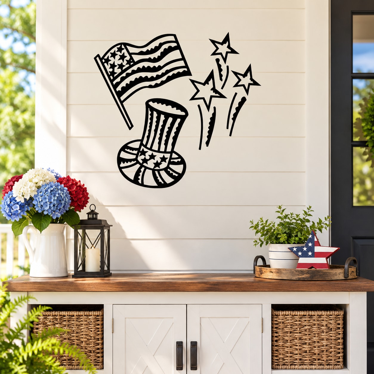 4th of July hat and flag decal with stars and fireworks