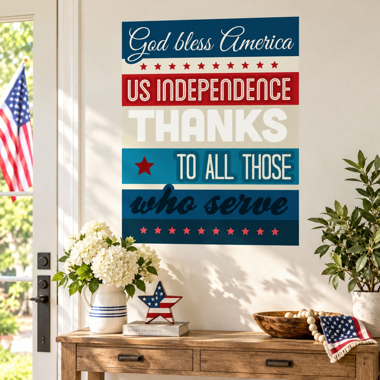 Patriotic vinyl wall decal: 'God Bless America' text with stars and flag