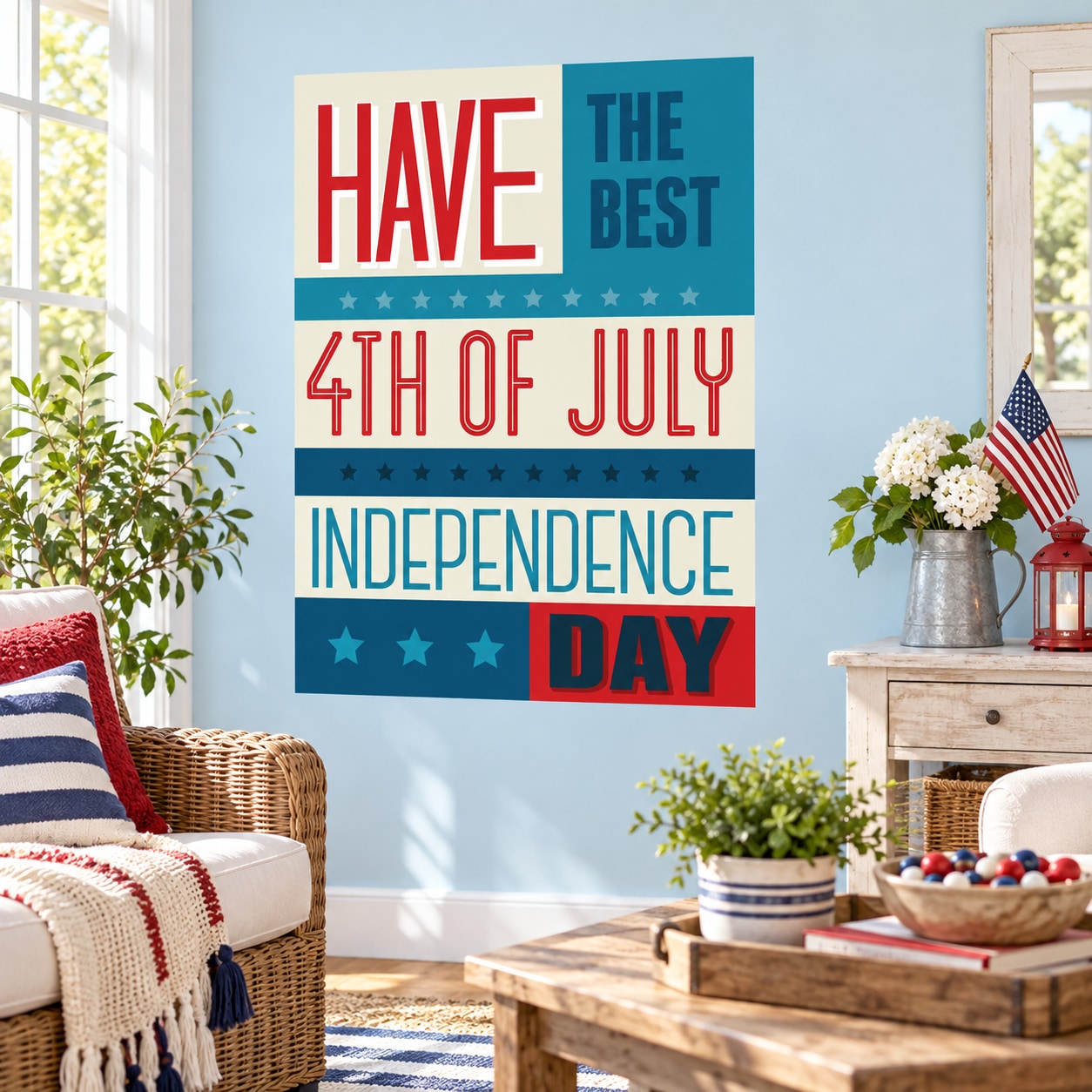 Fourth of July independence day typography sticker with red, white, and blue text and stars