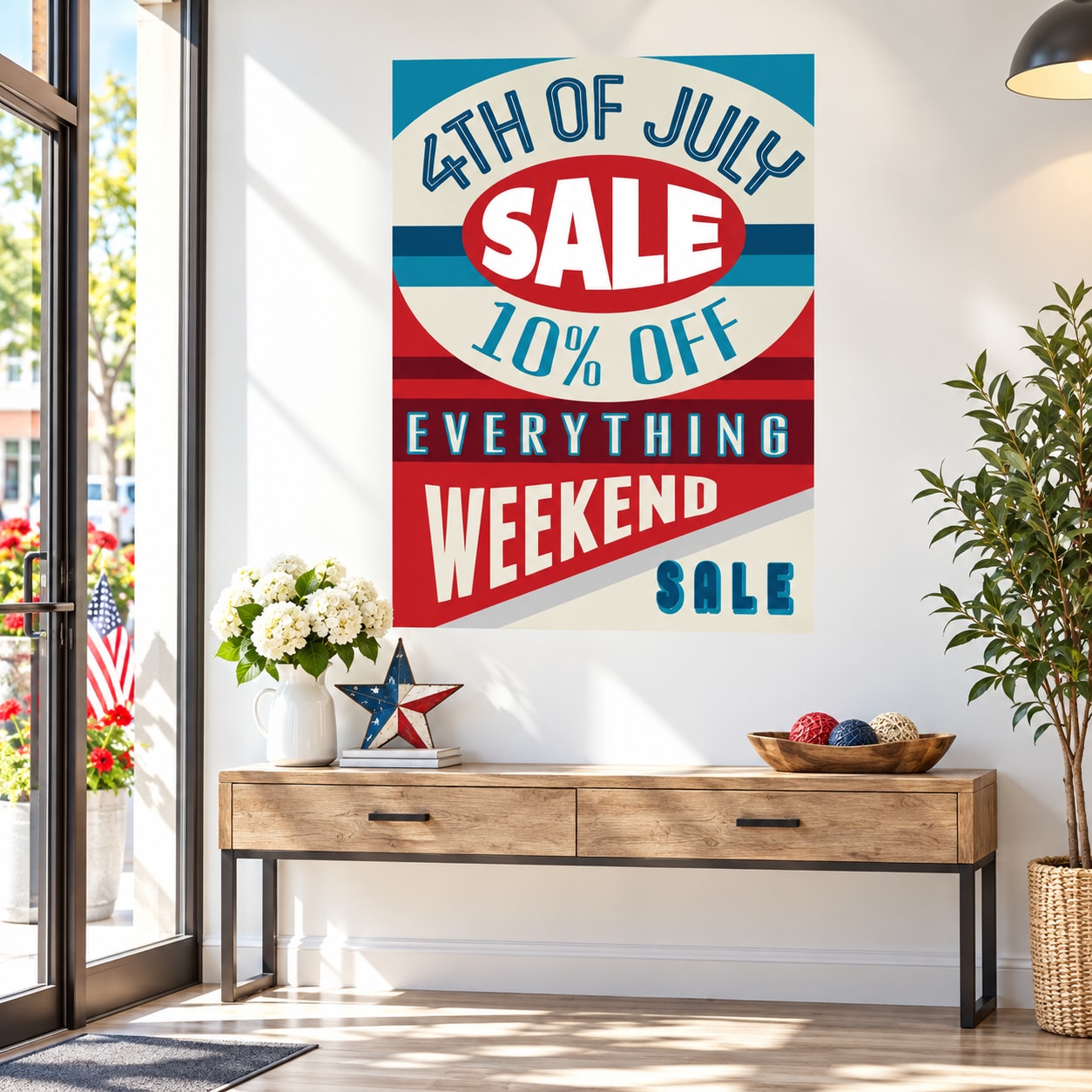 Rectangular 4th of July sale sticker with blue, red and white text: 10% off