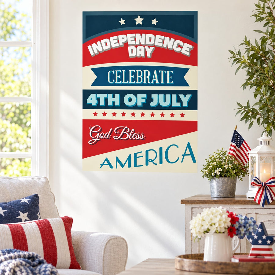 Colorful Independence Day typography sticker with stars: Celebrate 4th of July, God Bless America