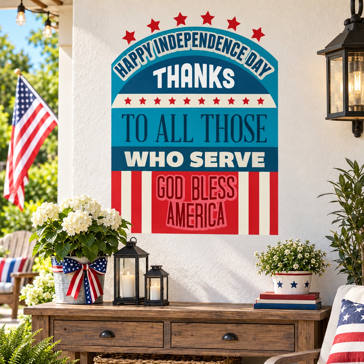Independence Day typography sticker with stars, stripes, and 'Thanks to all who serve'