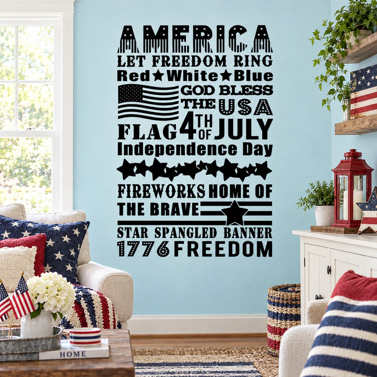 Patriotic America wall decal: 'Let freedom ring' with stars, stripes, and July 4 text