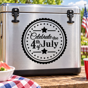 Round Celebrate the 4th of July decal with stars, dotted border