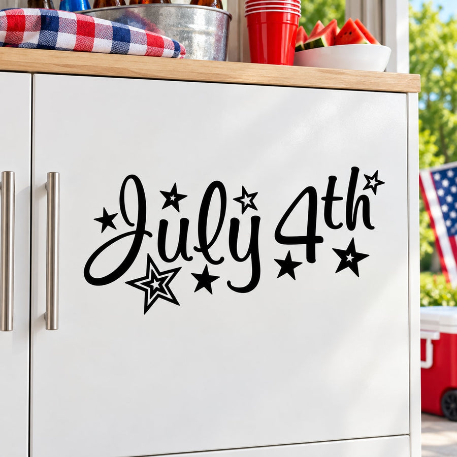 July 4th stars decal with black script lettering and star accents