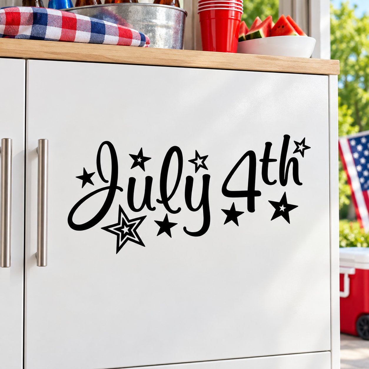 July 4th stars decal with black script lettering and star accents