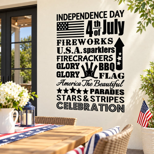 Decorative Independence Day typography decal with bold black text and star icons